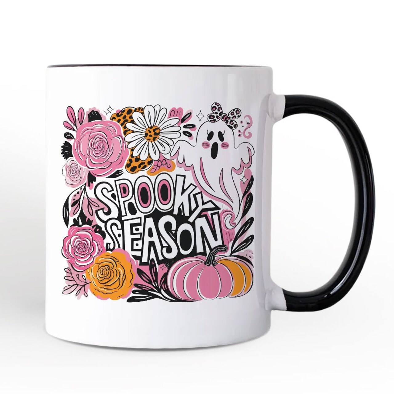 Boho Spooky Season Ghost Mug, Cute Halloween Gift with Fall Pumpkins